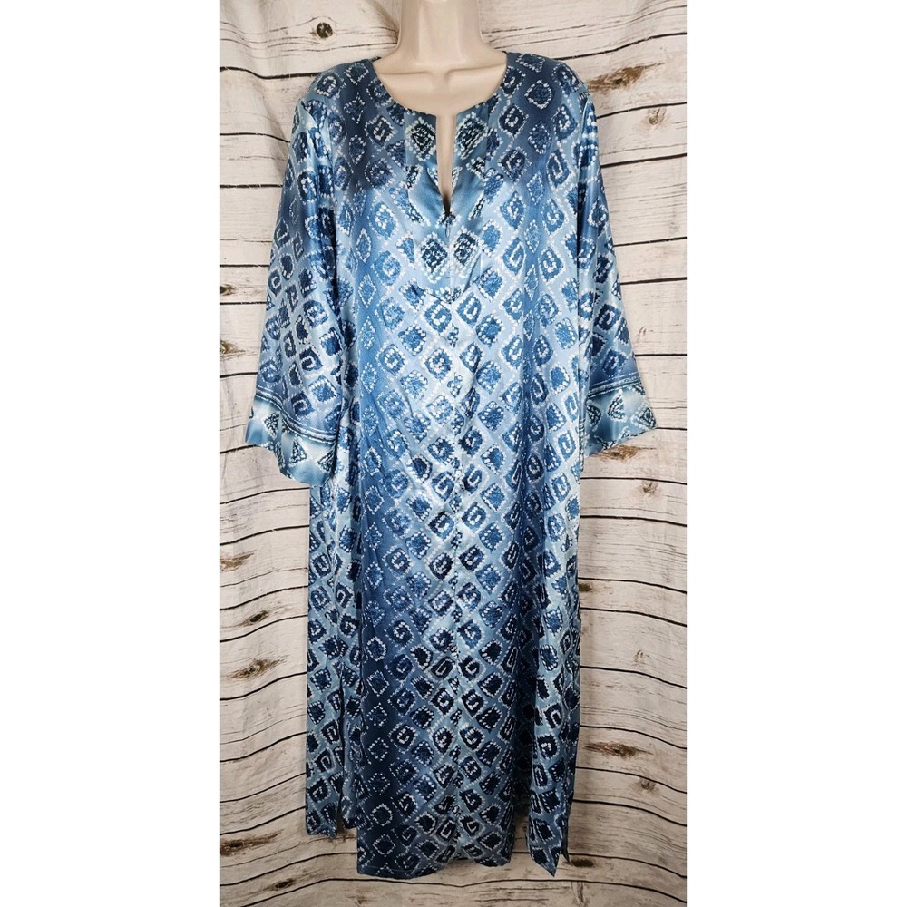 Oscar De La Renta Pink Label Kaftan Dress L Blue Geometric Zip Robe Satin